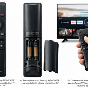 Telecomando Samsung BN59-01455E in uso con Smart TV Samsung, controllo vocale e funzioni app streaming